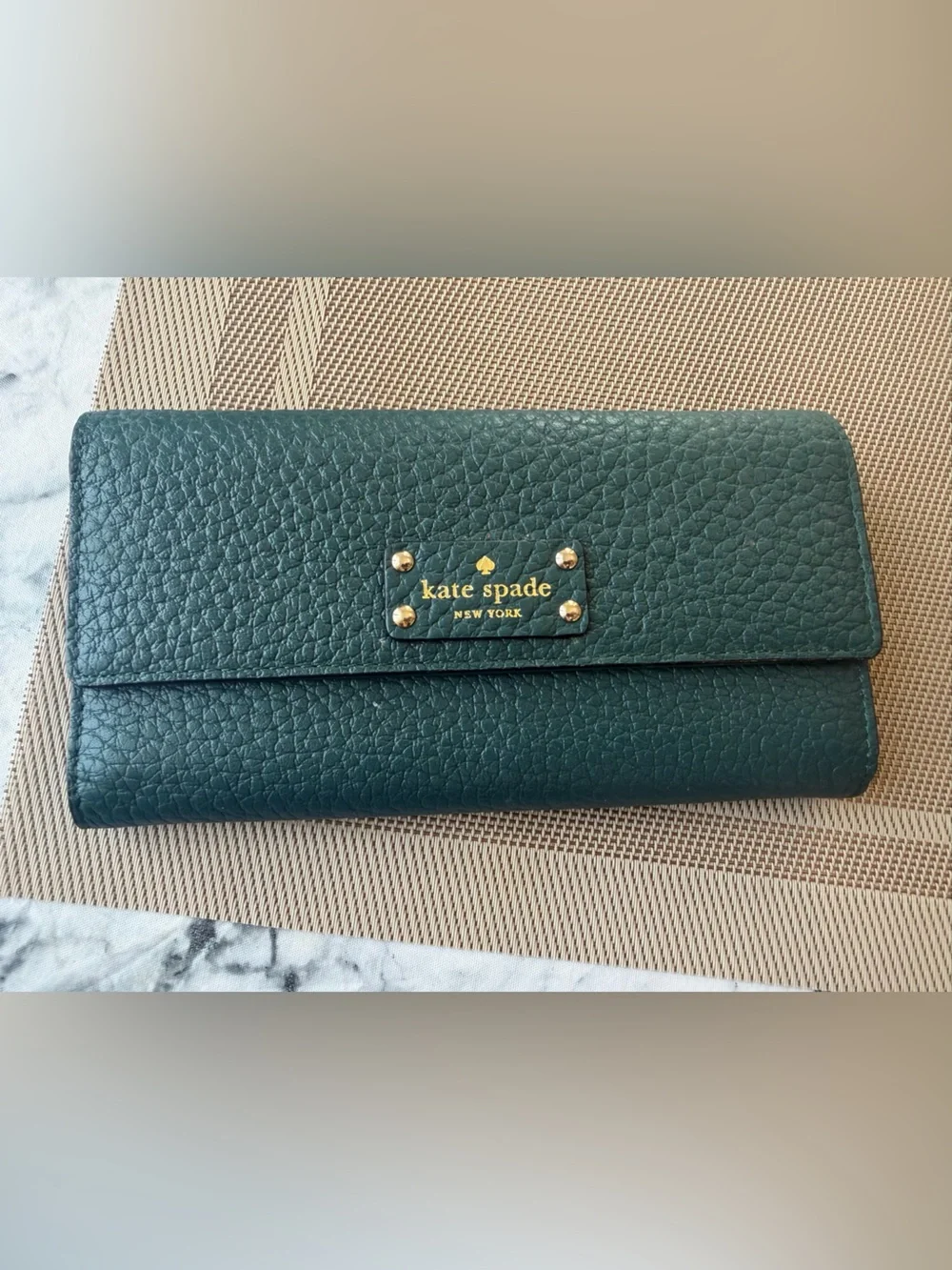 kate spade Dark Teal Pebbled Leather Continental Wallet with Gold Hardware